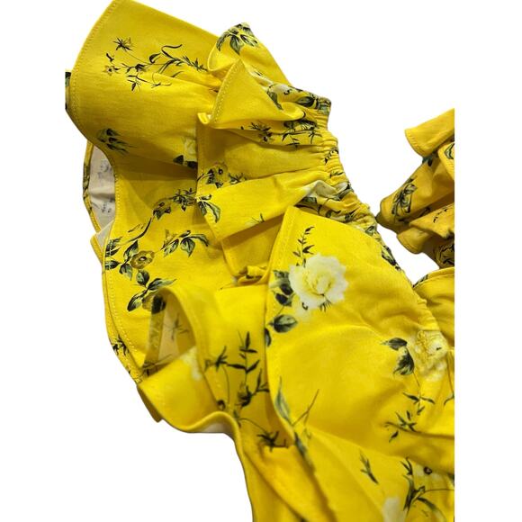 Alice + Olivia Shanae Floral Print Smocked Ruffle Crop Top | Womens L, Yellow - Picture 6 of 9